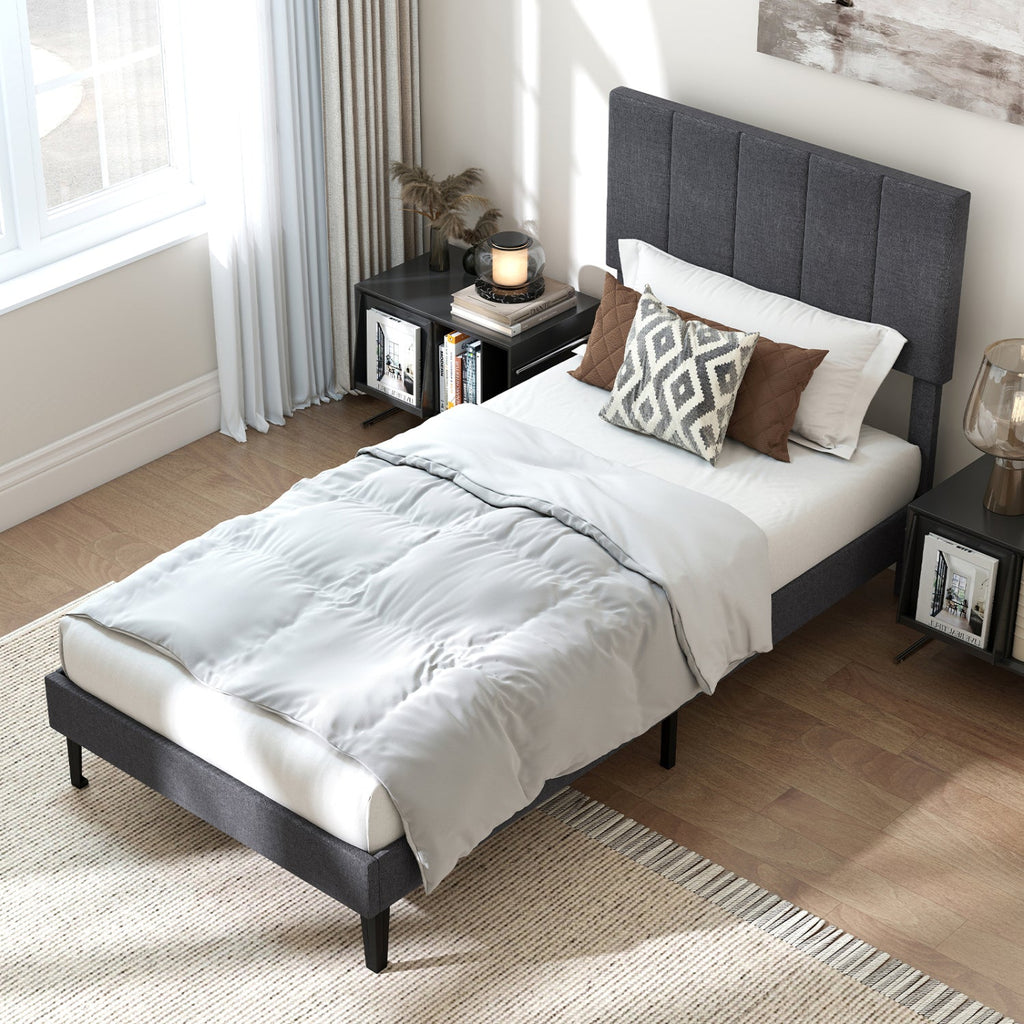 Linen Upholstered Platform Bed with Height Adjustable Vertical Channel Headboard-Twin Size