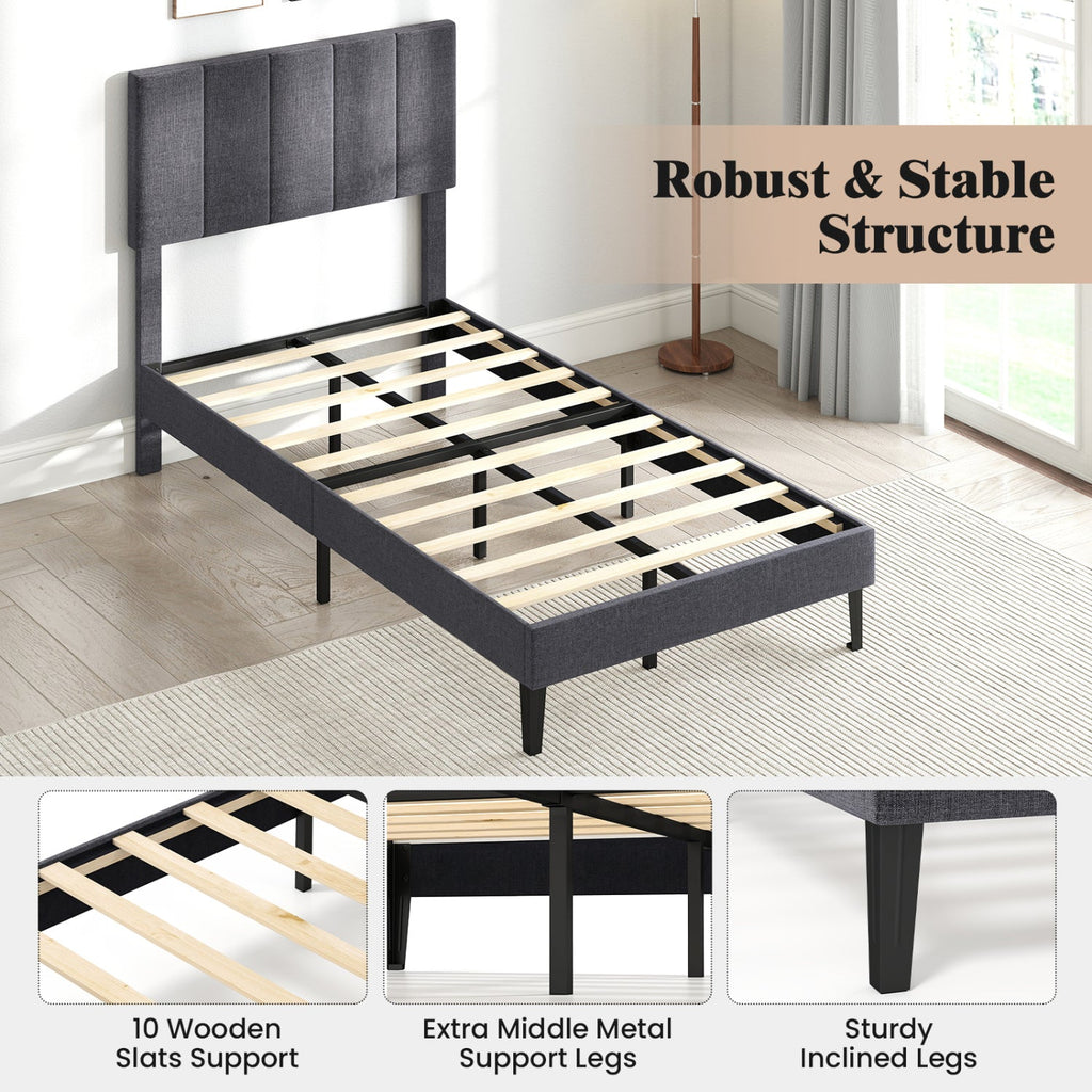 Linen Upholstered Platform Bed with Height Adjustable Vertical Channel Headboard-Twin Size