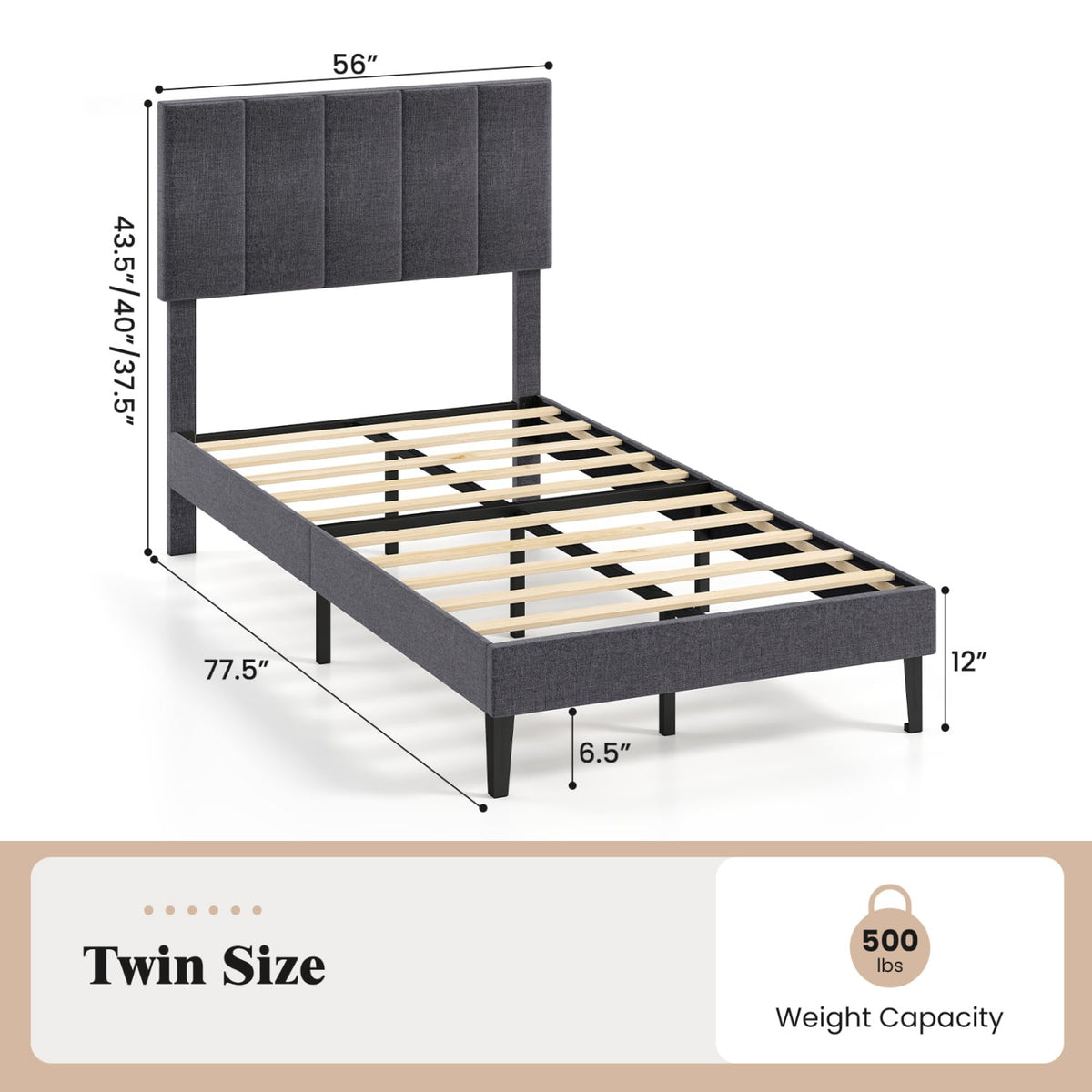 Linen Upholstered Platform Bed with Height Adjustable Vertical Channel Headboard-Twin Size
