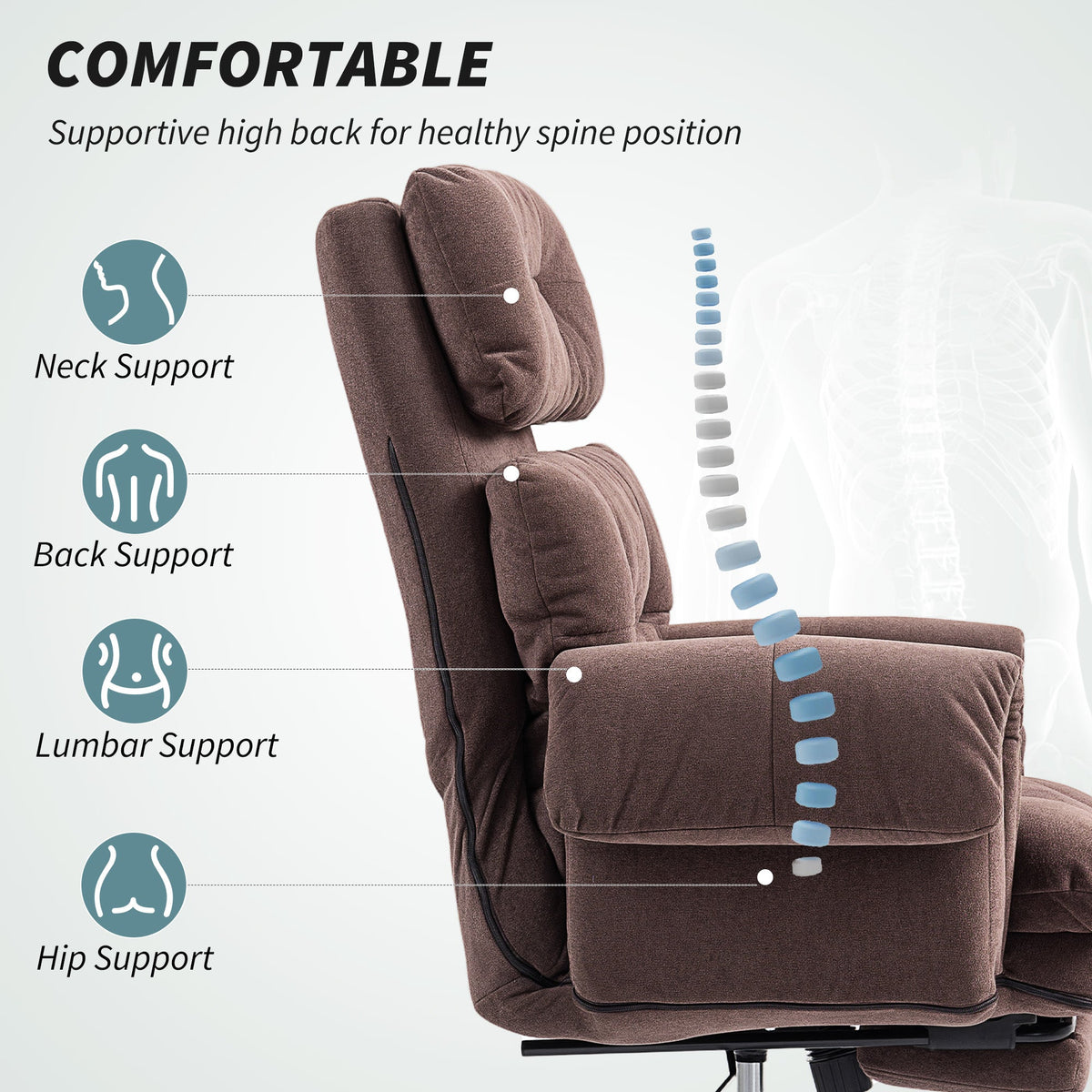 Reclining Executive Computer Desk Chair, Ergonomic Office Chair with Footrest and Thickly Padded, Coffee