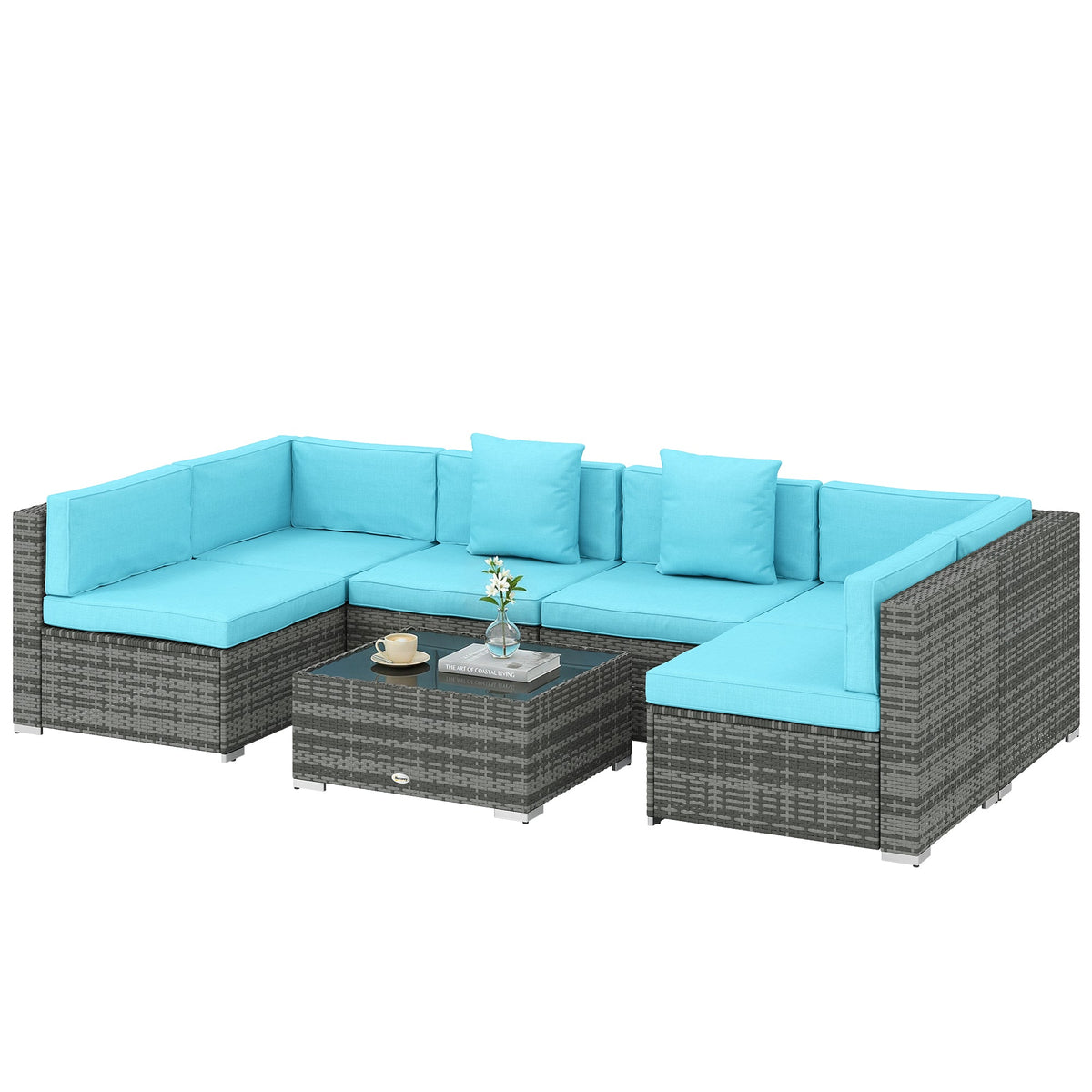 7 Pieces Patio Furniture Set, Rattan Conversation Set Garden Wicker Sofa Set with Washable Cushions and Coffee Table, Grey