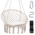 Macrame Swing Chair Hammock Chair with Round Seat Cushion-Beige