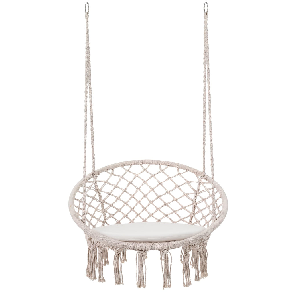 Macrame Swing Chair Hammock Chair with Round Seat Cushion-Beige