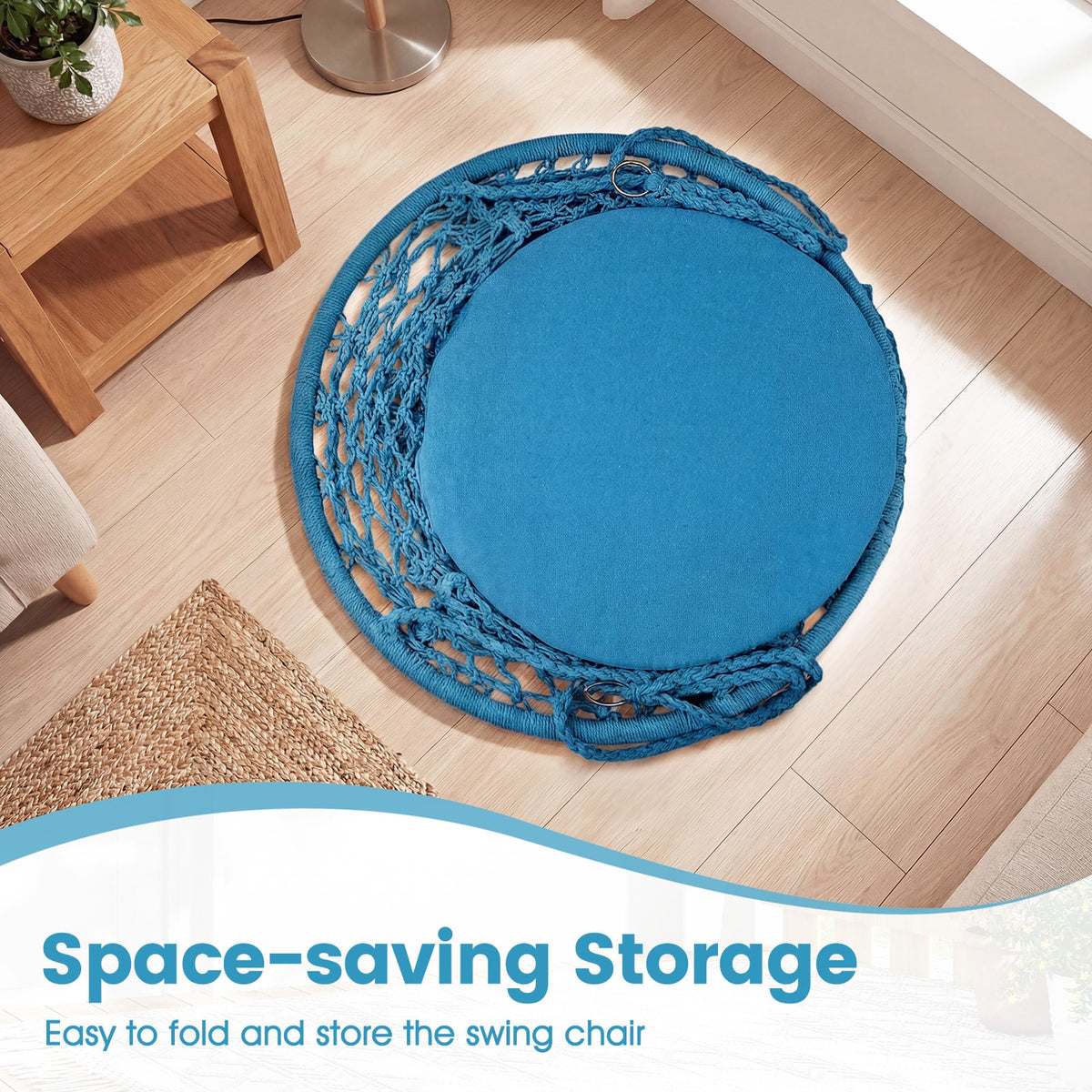 Macrame Swing Chair Hammock Chair with Round Seat Cushion-Blue