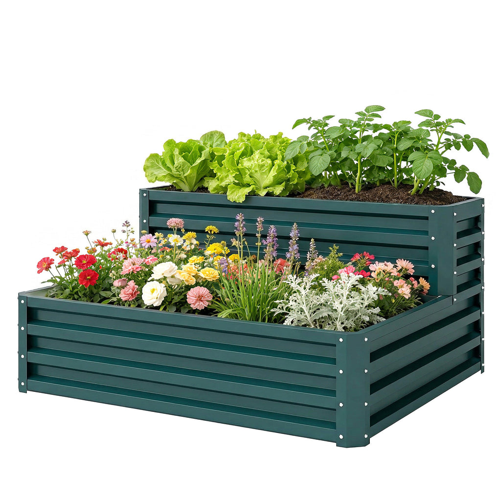 2 Tier Raised Garden Bed, 47" x 40" x 23" Galvanized Steel Planter Box for Vegetables, Flowers, and Herbs, Dark Grey