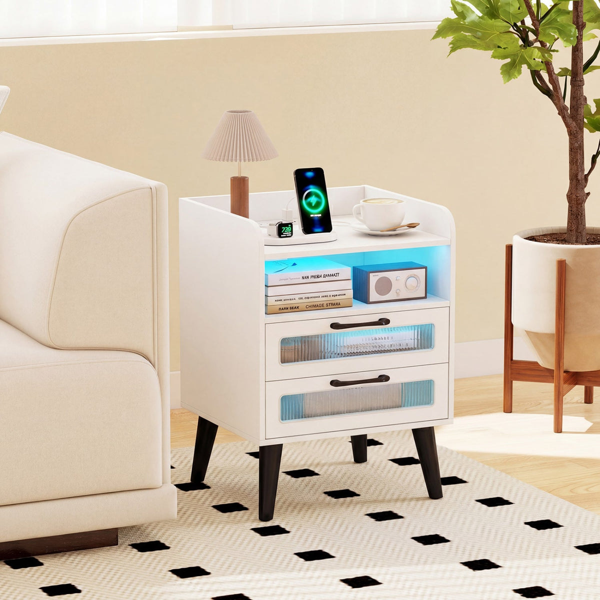 Mid Century Modern Nightstand with Charging Station and LED Lights-White
