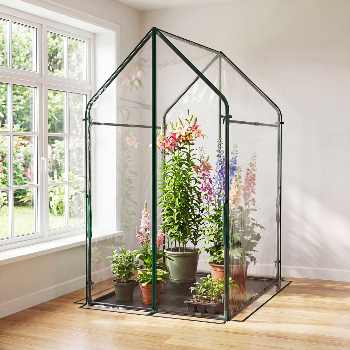 Mini Green House Metal Frame with Waterproof Bottom Mat and Wind Ropes-XL