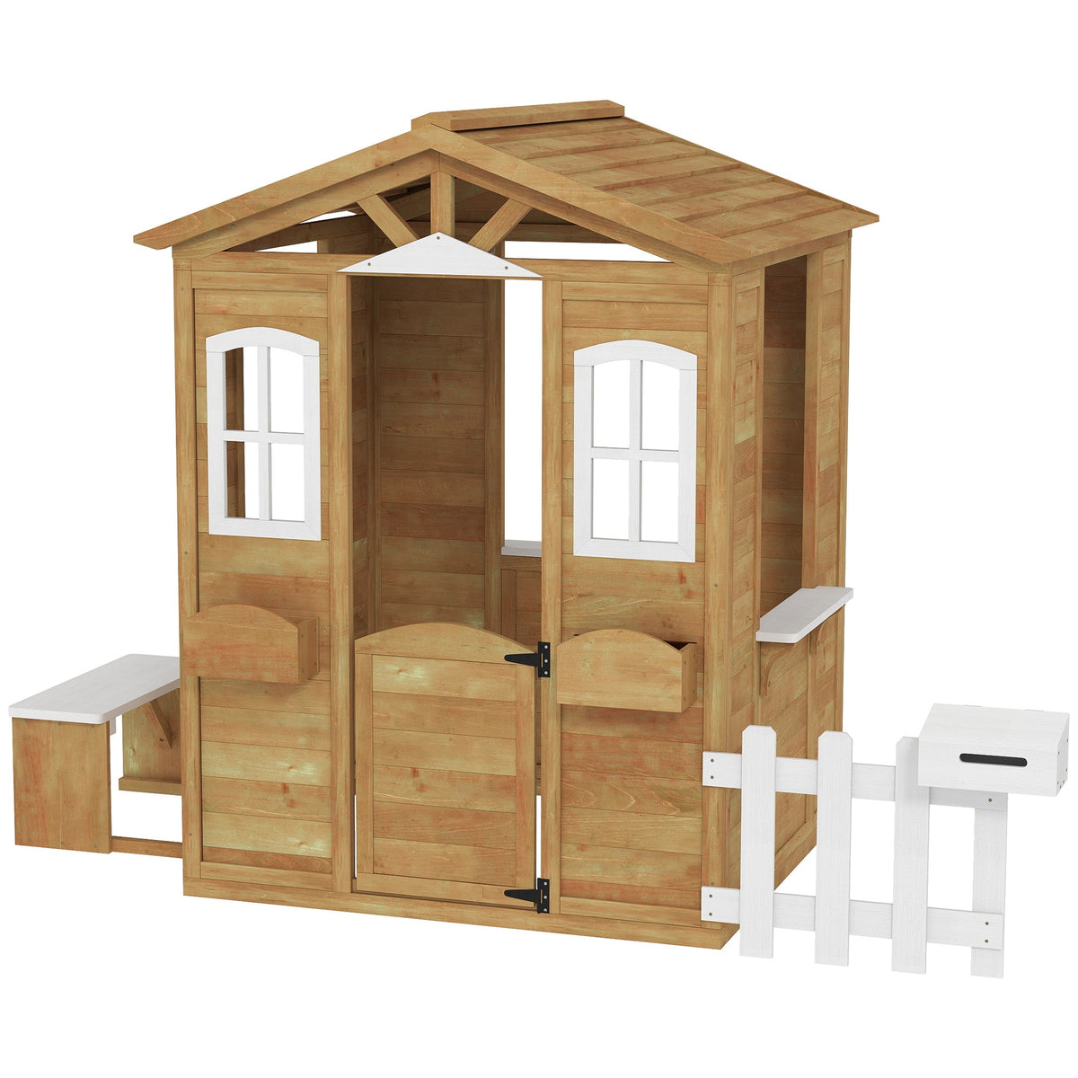Wooden Kids Playhouse with Door Windows Mailbox Flower Pot Holder Serving Station Bench Yellow