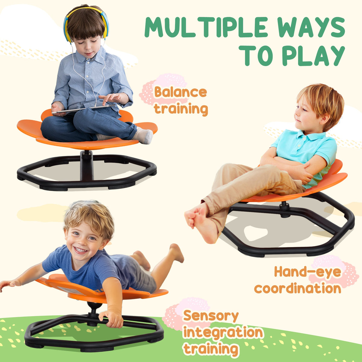 Flower-Shaped Kids Swivel Chair, Non-Slip Sensory Spinning Chair for Physical Coordination Training, Orange