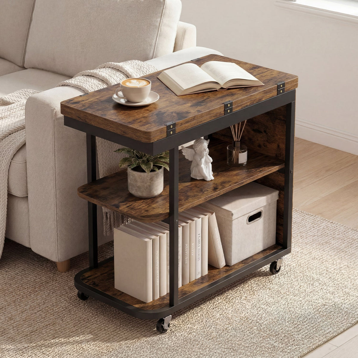 Mobile Night Stand with Foldable Swivel Top and 2-Tier Shelf for Small Spaces-Rustic Brown