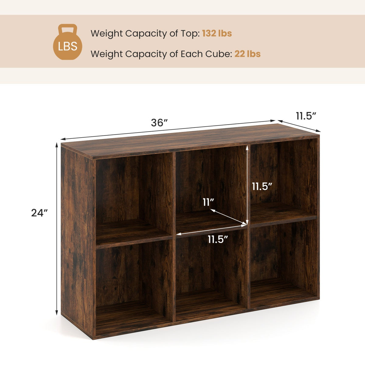 Modern 6-Cube Bookcase with Anti-tipping Kits for Bedroom Living Room-Rustic Brown