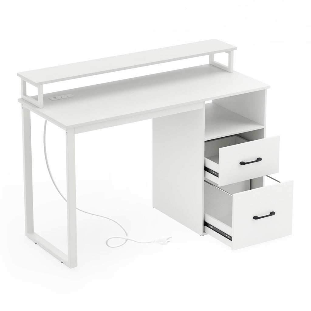 Modern Computer Desk with Power Outlets and File Drawer-White