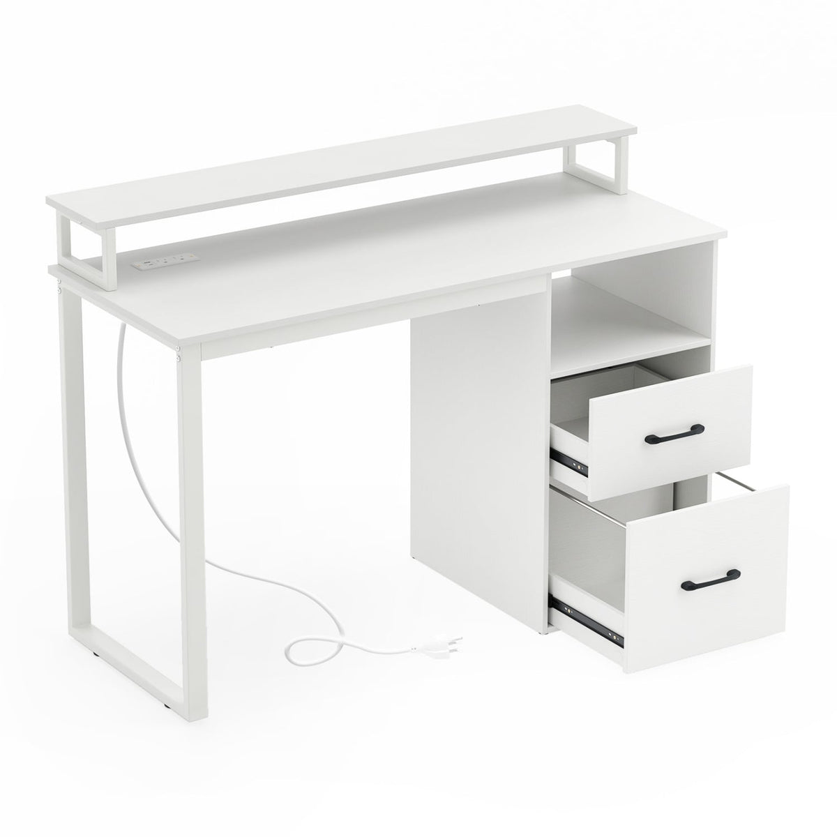 Modern Computer Desk with Power Outlets and File Drawer-White