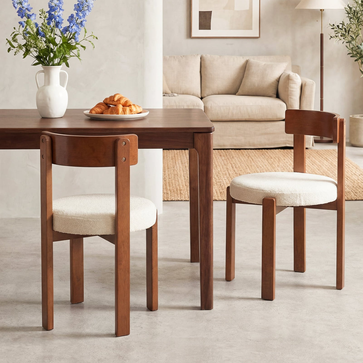 Set of 2 Round Seat Dining Chairs, Cream Teddy Fleece with Walnut Rubber Wood Frame, 415 lb