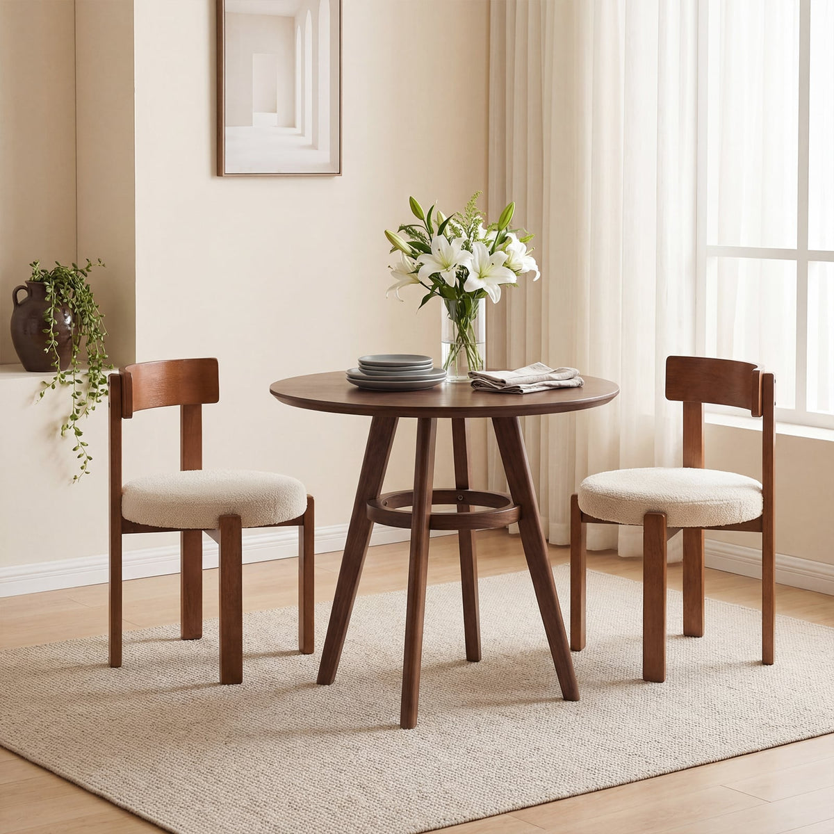Set of 2 Round Seat Dining Chairs, Cream Teddy Fleece with Walnut Rubber Wood Frame, 415 lb
