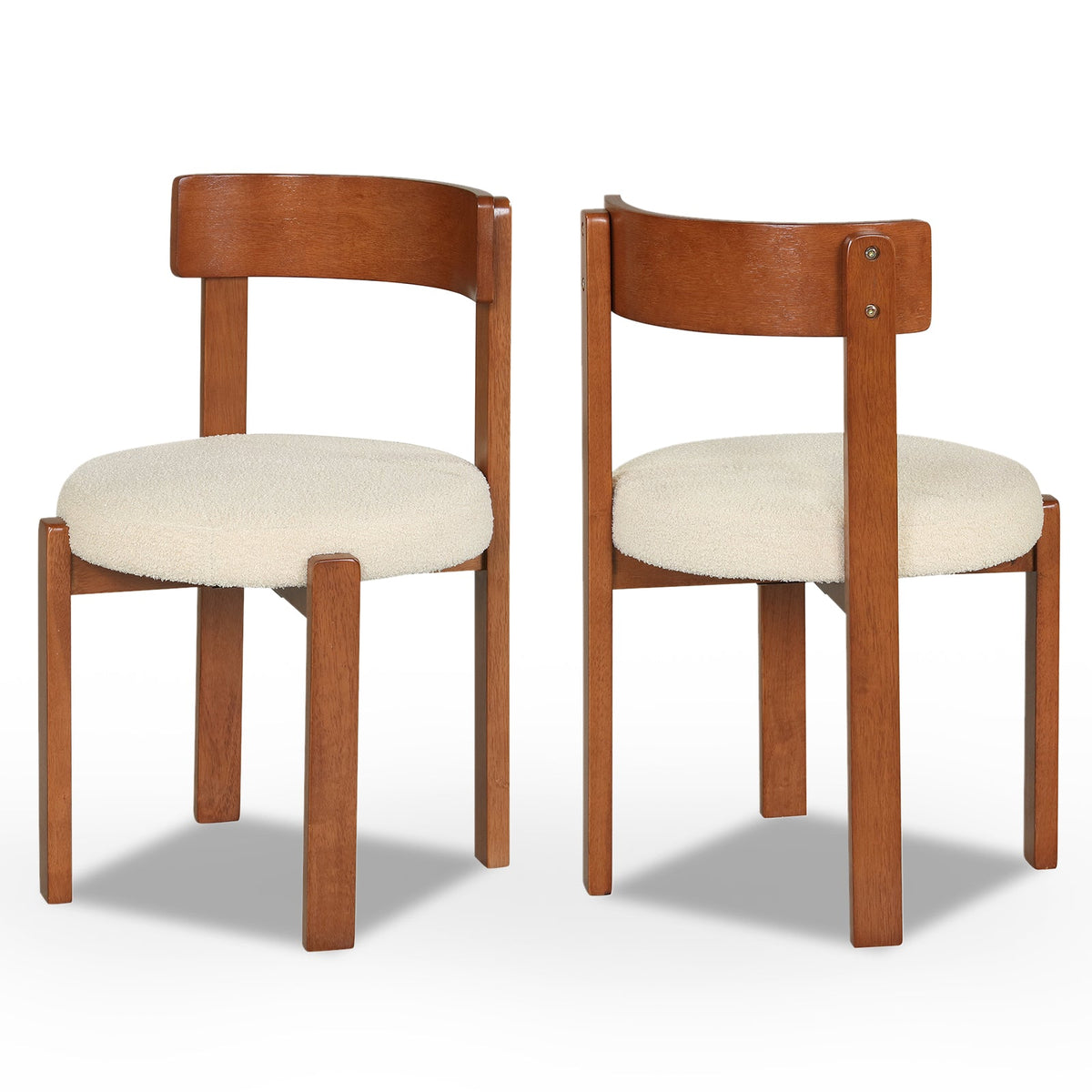 Set of 2 Round Seat Dining Chairs, Cream Teddy Fleece with Walnut Rubber Wood Frame, 415 lb