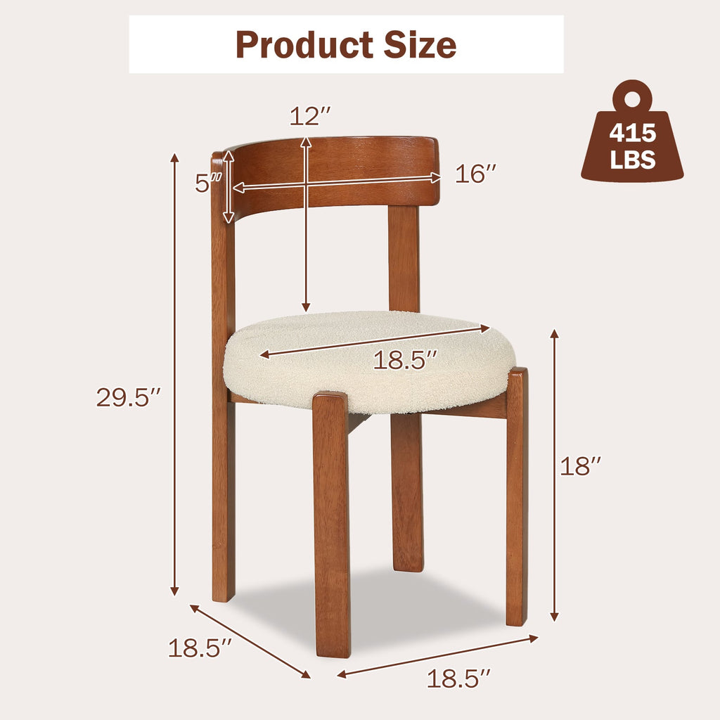 Set of 2 Round Seat Dining Chairs, Cream Teddy Fleece with Walnut Rubber Wood Frame, 415 lb