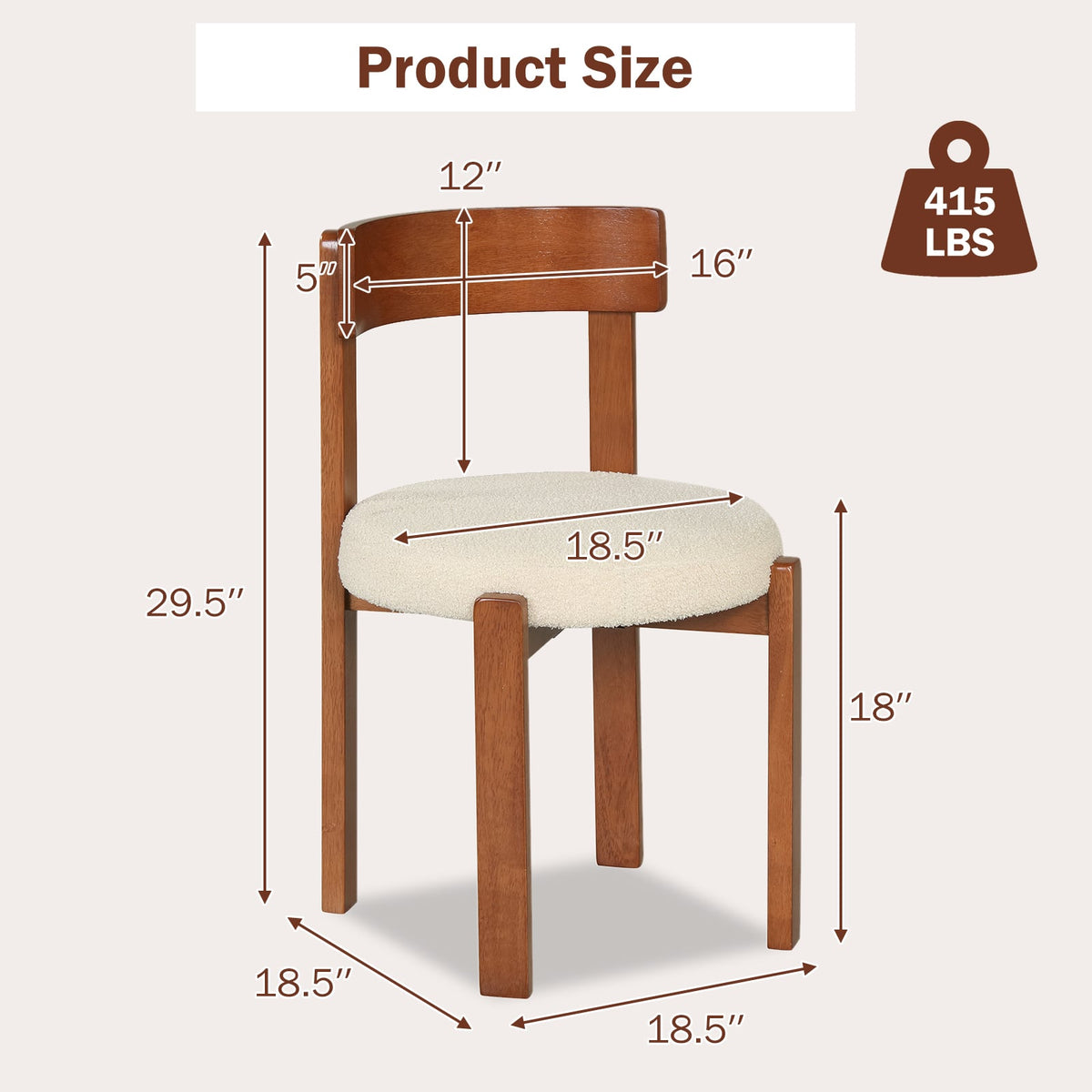 Set of 2 Round Seat Dining Chairs, Cream Teddy Fleece with Walnut Rubber Wood Frame, 415 lb