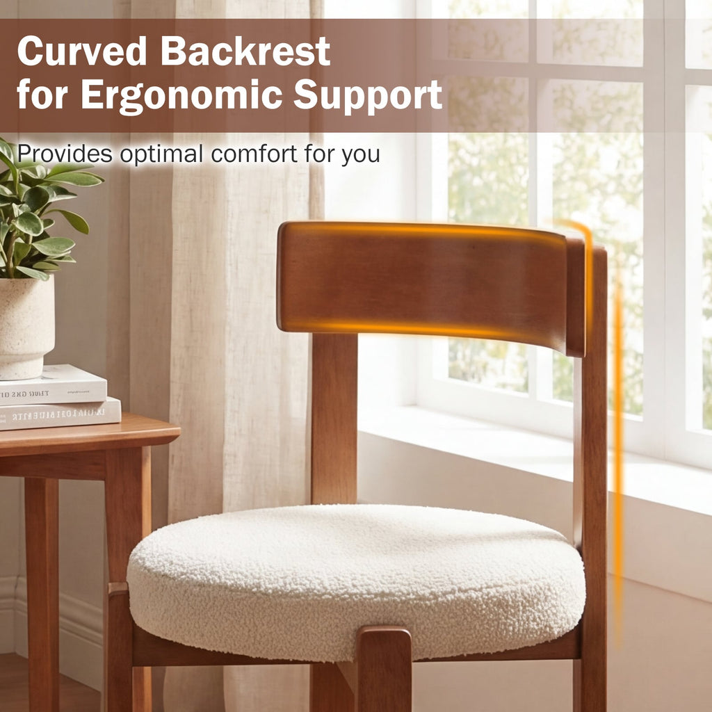 Set of 2 Round Seat Dining Chairs, Cream Teddy Fleece with Walnut Rubber Wood Frame, 415 lb