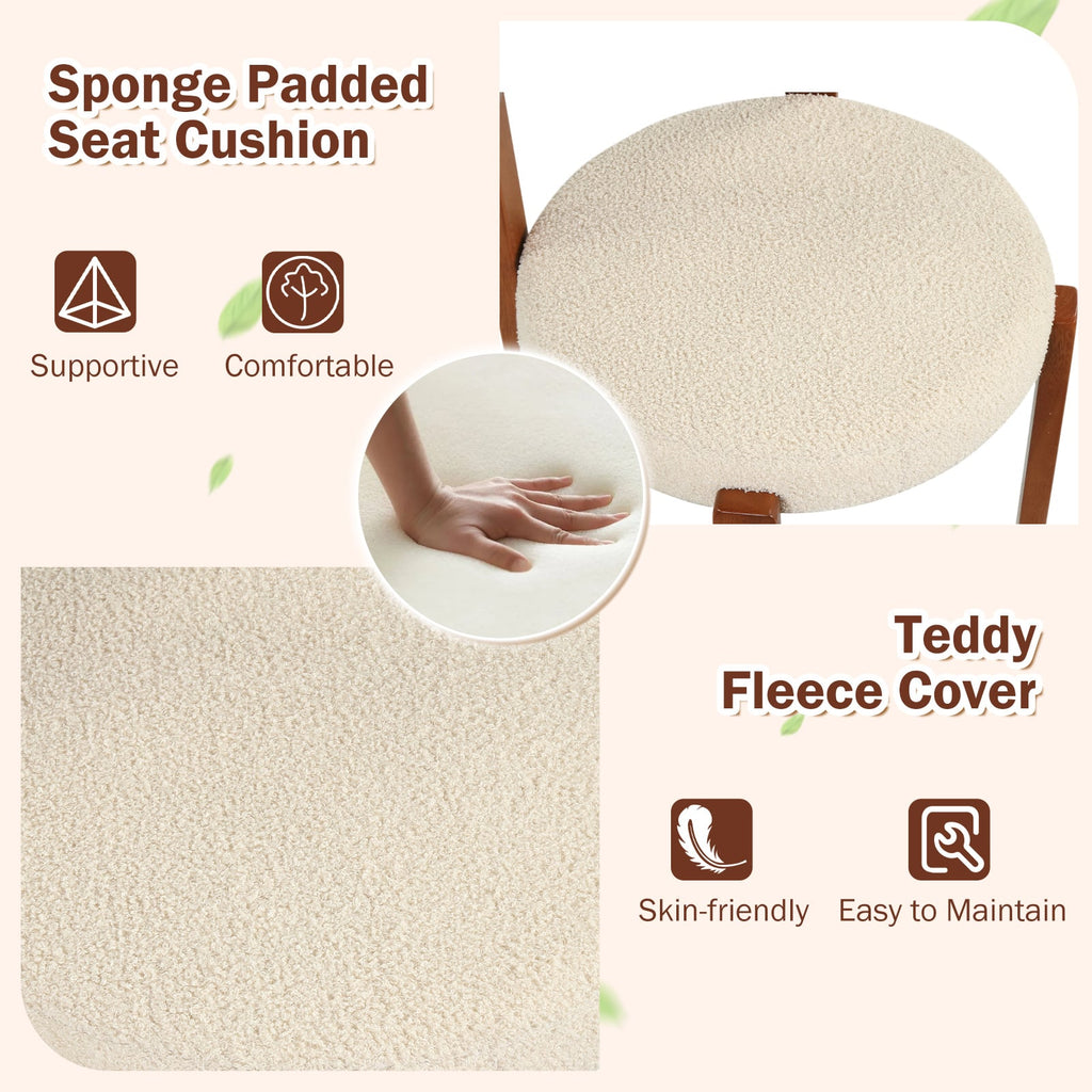 Set of 2 Round Seat Dining Chairs, Cream Teddy Fleece with Walnut Rubber Wood Frame, 415 lb