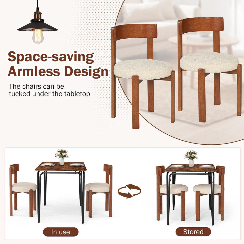 Set of 2 Round Seat Dining Chairs, Cream Teddy Fleece with Walnut Rubber Wood Frame, 415 lb