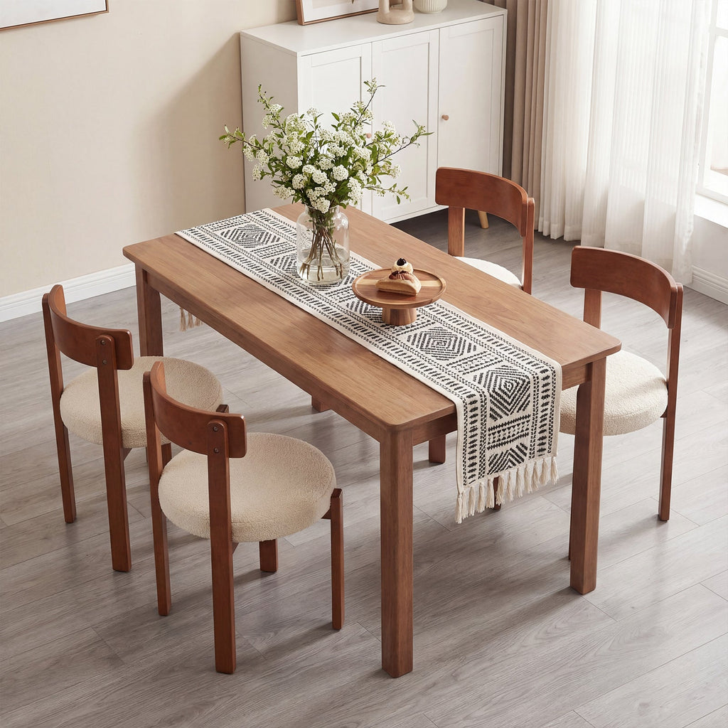 Set of 4 Round Seat Dining Chairs, Cream Teddy Fleece with Walnut Rubber Wood Frame, 415 lb