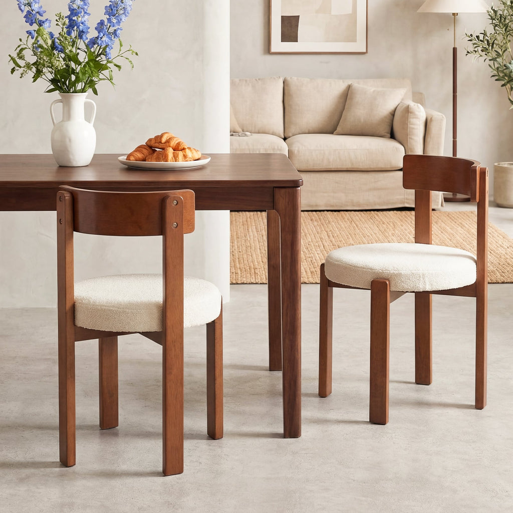Set of 4 Round Seat Dining Chairs, Cream Teddy Fleece with Walnut Rubber Wood Frame, 415 lb
