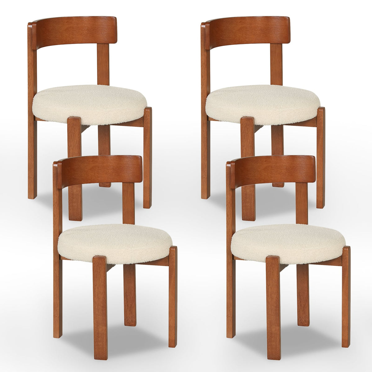 Set of 4 Round Seat Dining Chairs, Cream Teddy Fleece with Walnut Rubber Wood Frame, 415 lb