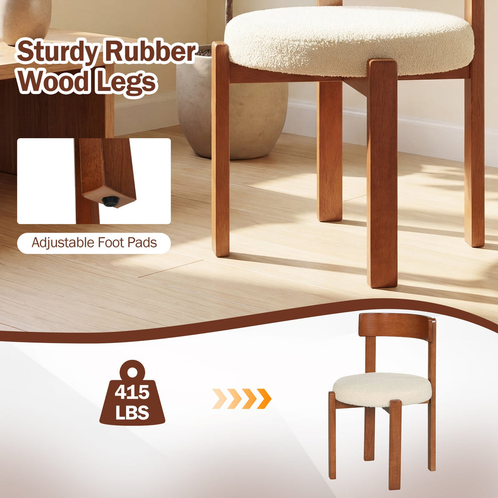Set of 4 Round Seat Dining Chairs, Cream Teddy Fleece with Walnut Rubber Wood Frame, 415 lb