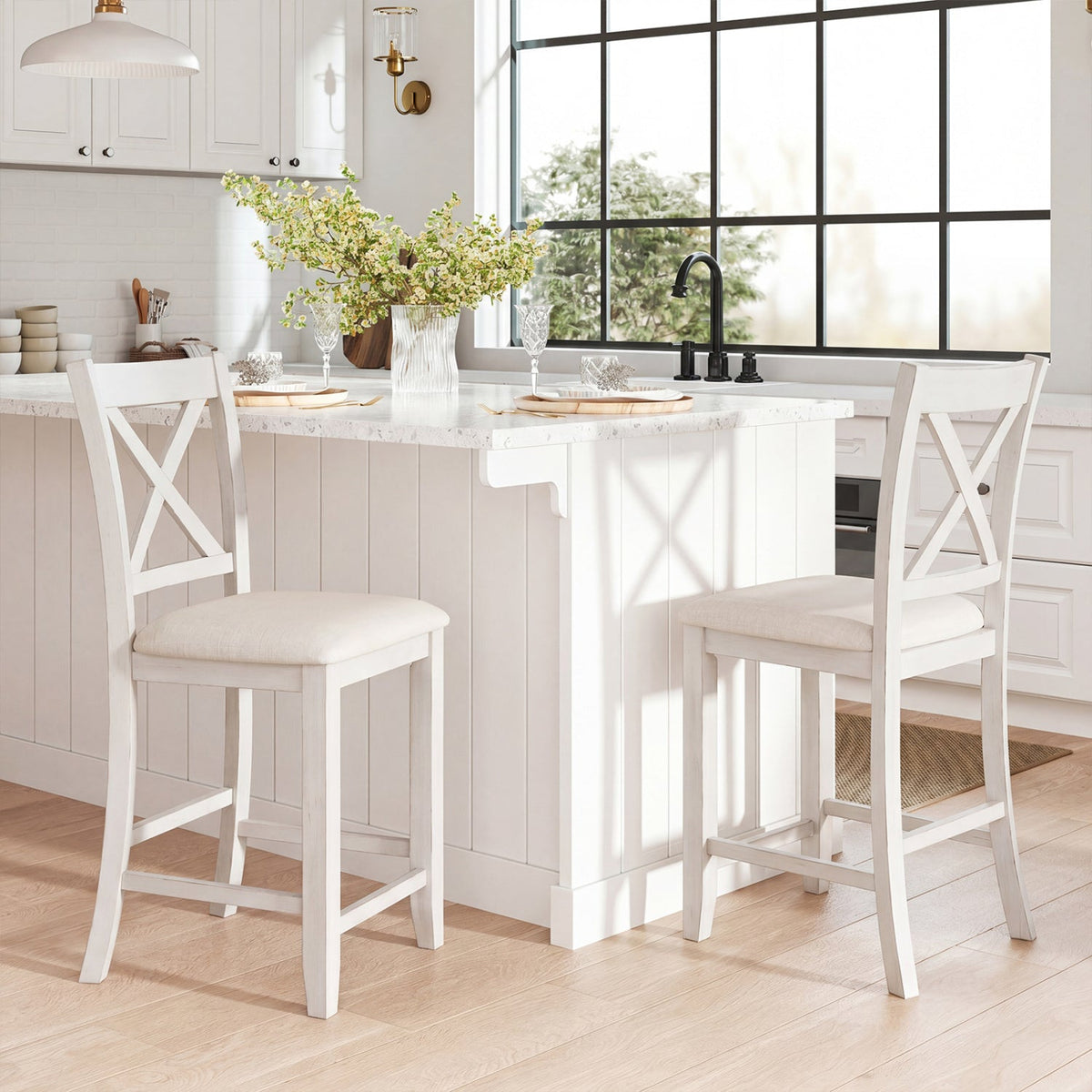 Set of 2 Cross Back Counter Stools in White with Linen Cushions, 24 Inch Seat Height