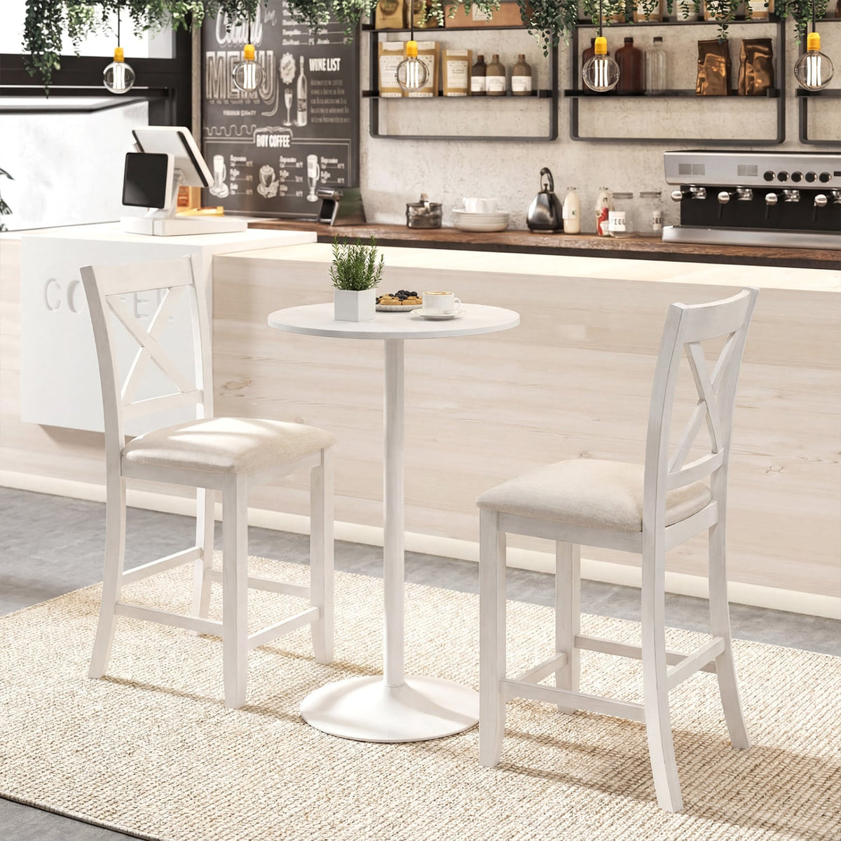 Set of 2 Cross Back Counter Stools in White with Linen Cushions, 24 Inch Seat Height