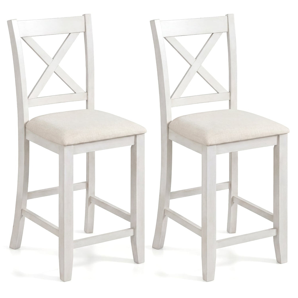 Set of 2 Cross Back Counter Stools in White with Linen Cushions, 24 Inch Seat Height