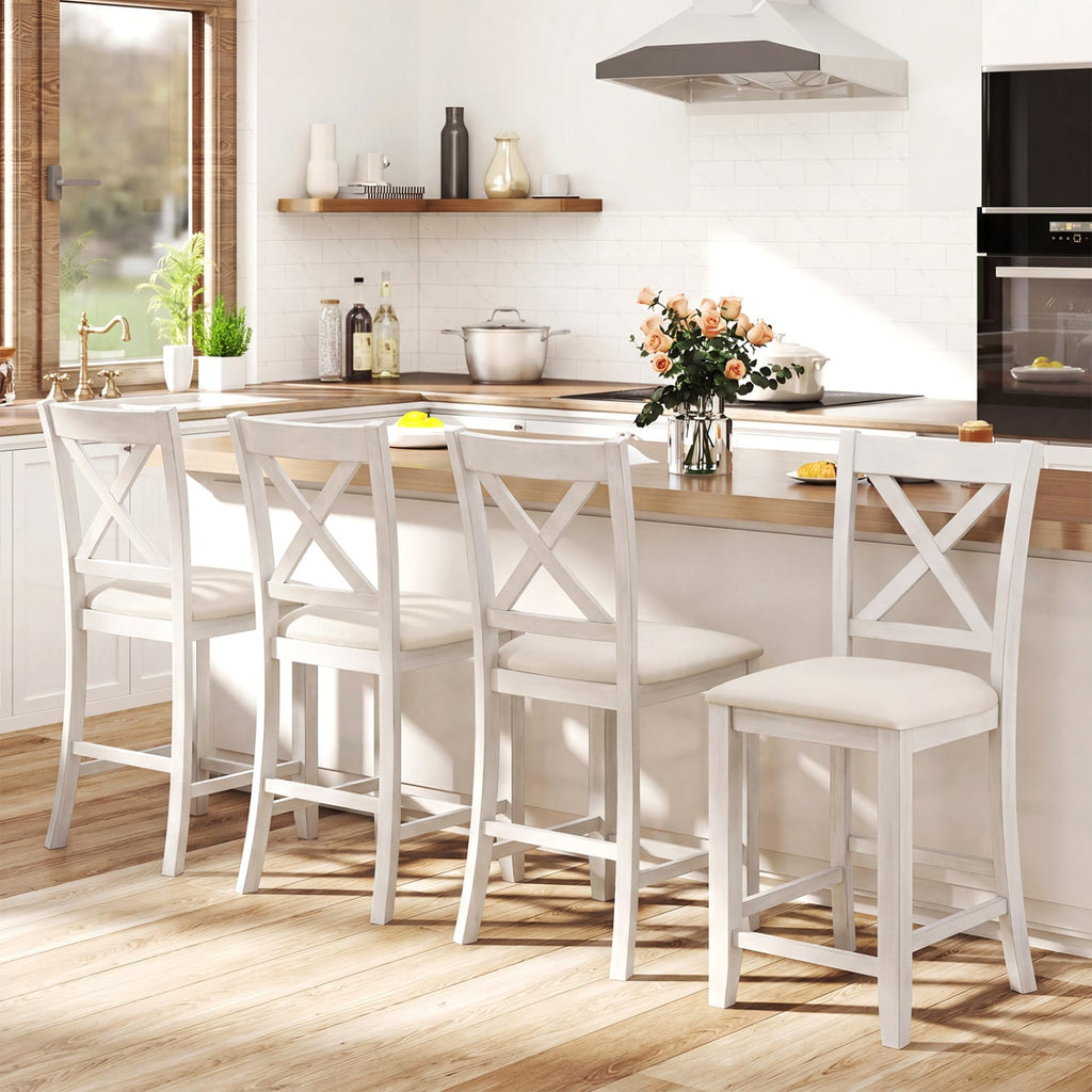 Set of 2 Cross Back Counter Stools in White with Linen Cushions, 24 Inch Seat Height