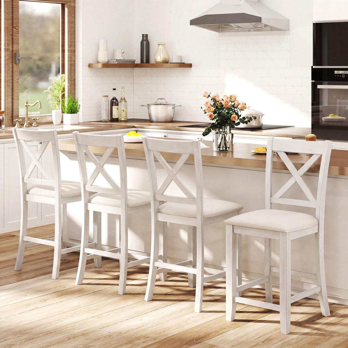 Set of 2 Cross Back Counter Stools in White with Linen Cushions, 24 Inch Seat Height