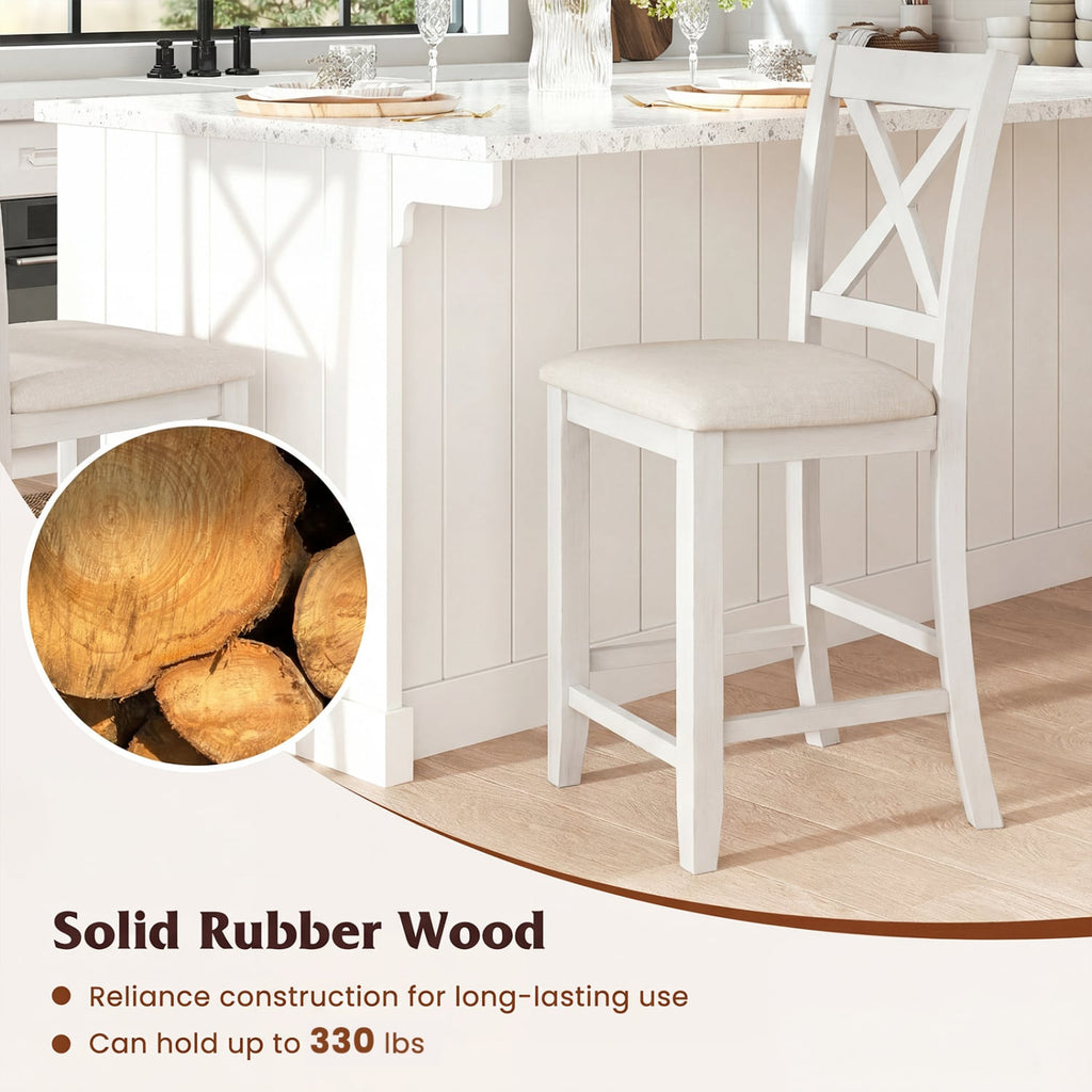 Set of 2 Cross Back Counter Stools in White with Linen Cushions, 24 Inch Seat Height