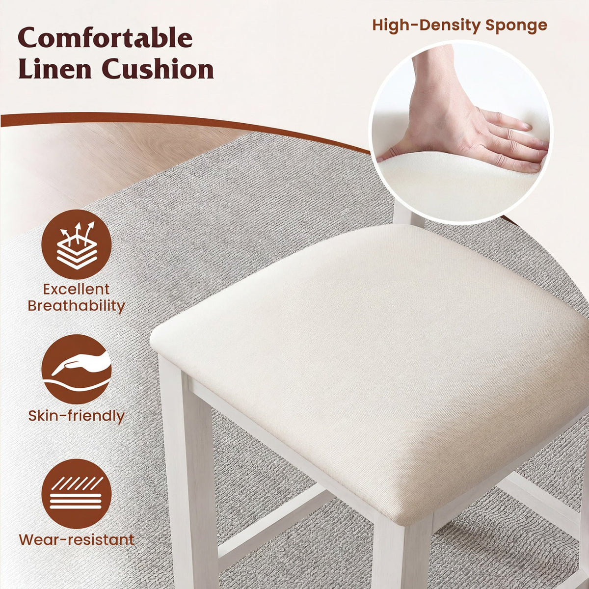 Set of 2 Cross Back Counter Stools in White with Linen Cushions, 24 Inch Seat Height