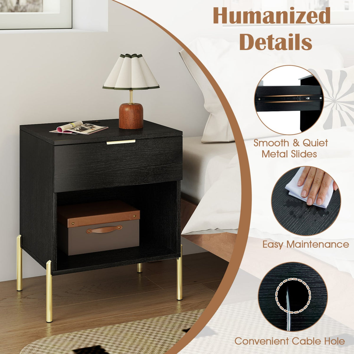 Modern Nightstand with Charging Station-Black