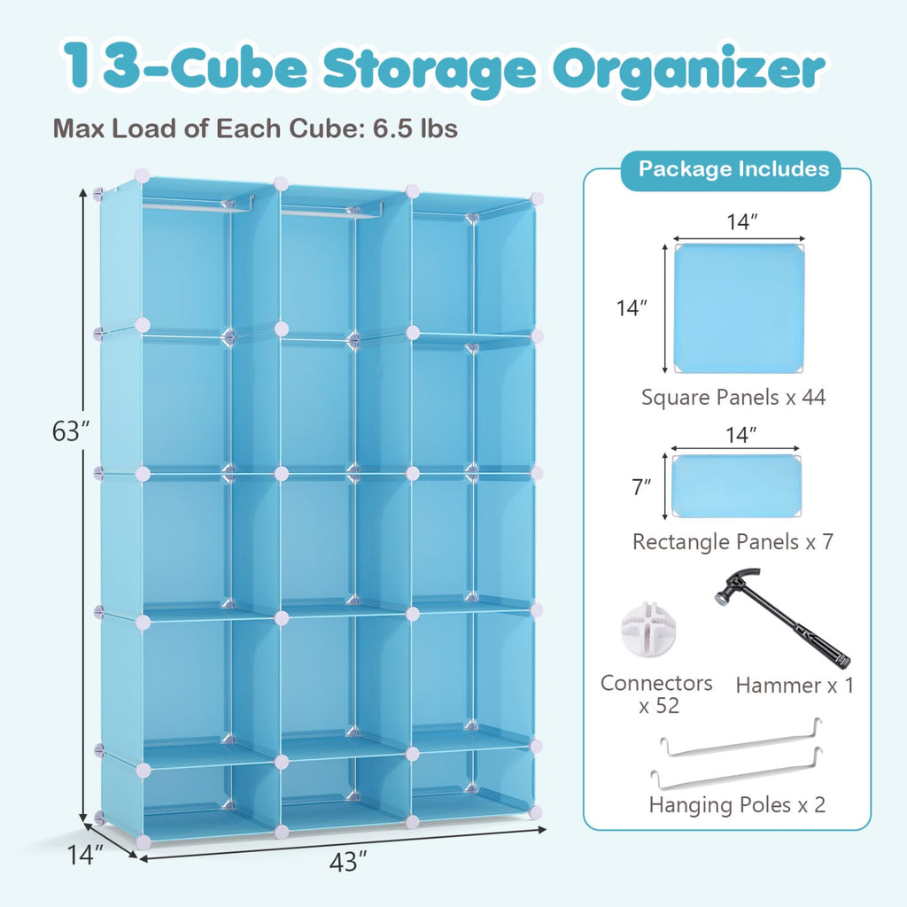 Modular Baby Wardrobe with 13 Cubes and Hanging Rod and Shelves Stackable-Blue
