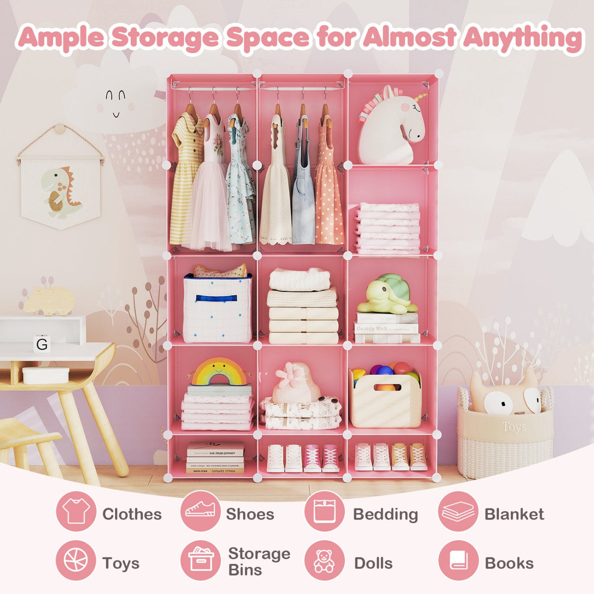 Modular Baby Wardrobe with 13 Cubes and Hanging Rod and Shelves Stackable-Pink