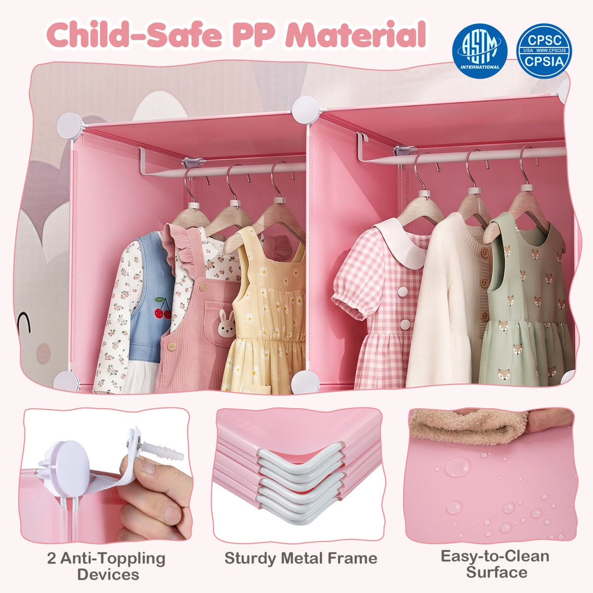 Modular Baby Wardrobe with 13 Cubes and Hanging Rod and Shelves Stackable-Pink