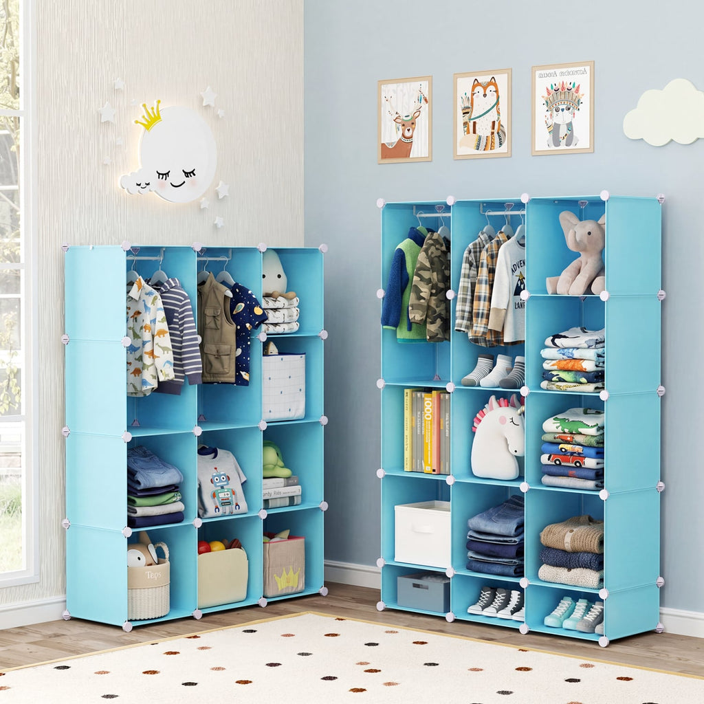 Modular Baby Wardrobe with 10 Cubes & Hanging Rod and Shelves Stackable-Blue
