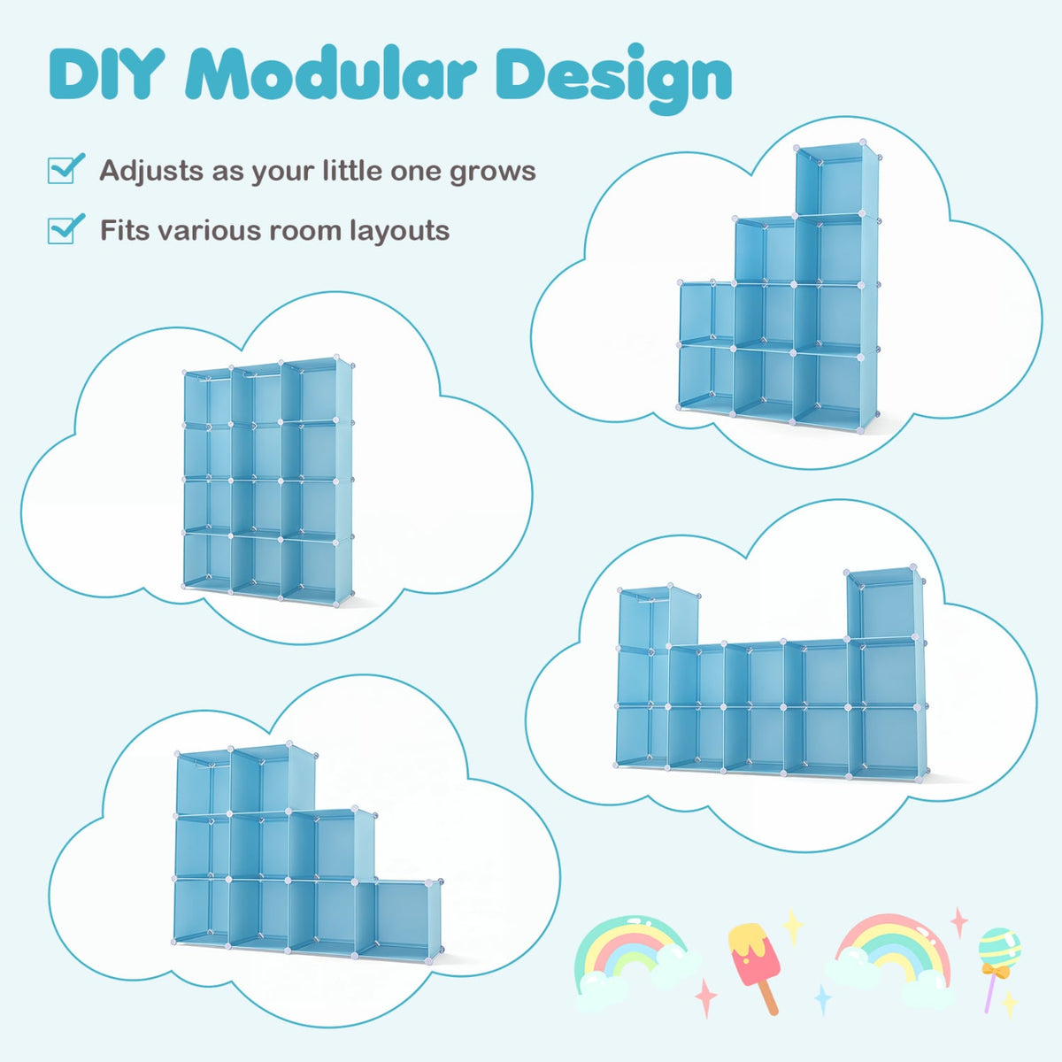 Modular Baby Wardrobe with 10 Cubes & Hanging Rod and Shelves Stackable-Blue