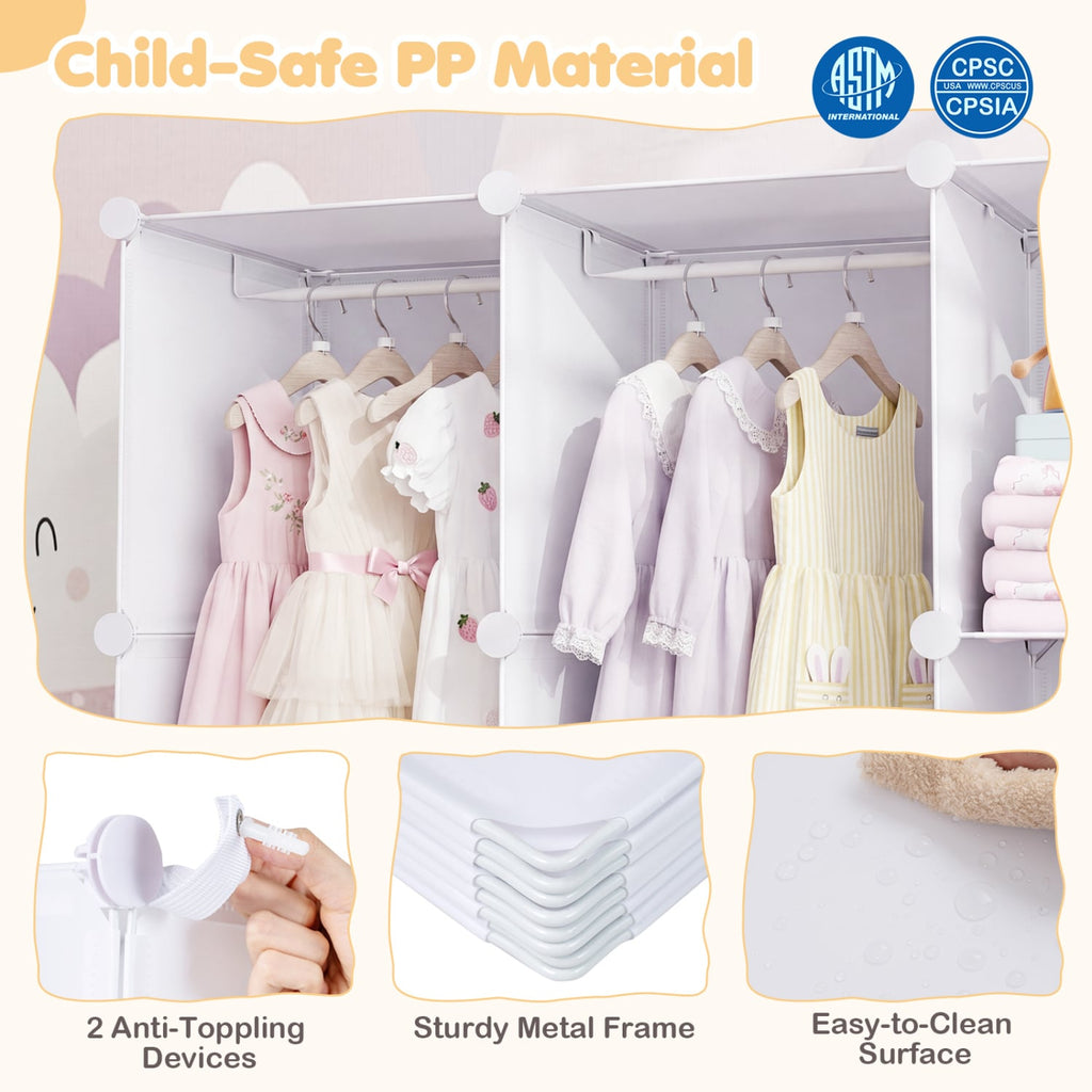 Modular Baby Wardrobe with 10 Cubes & Hanging Rod and Shelves Stackable-White