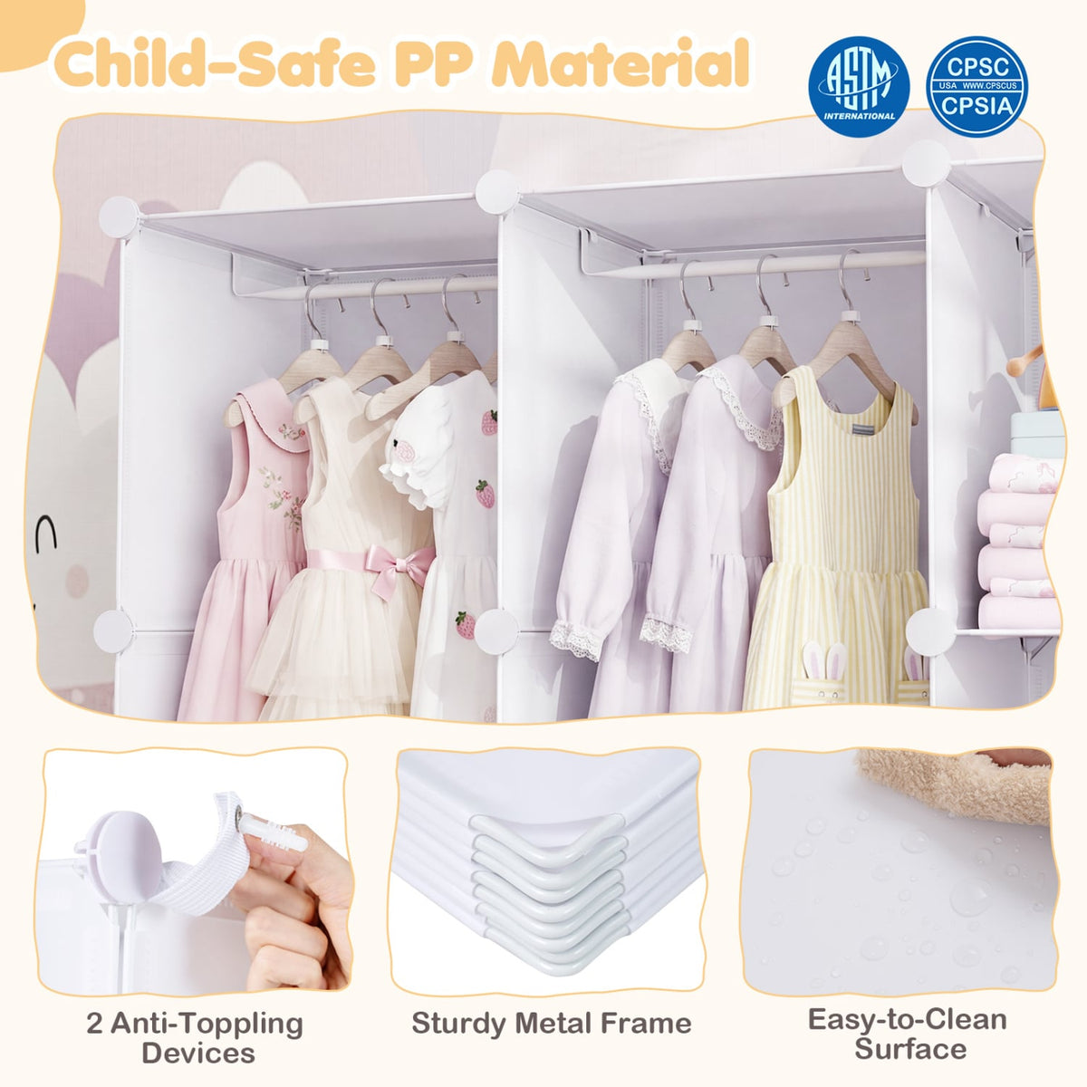 Modular Baby Wardrobe with 10 Cubes & Hanging Rod and Shelves Stackable-White
