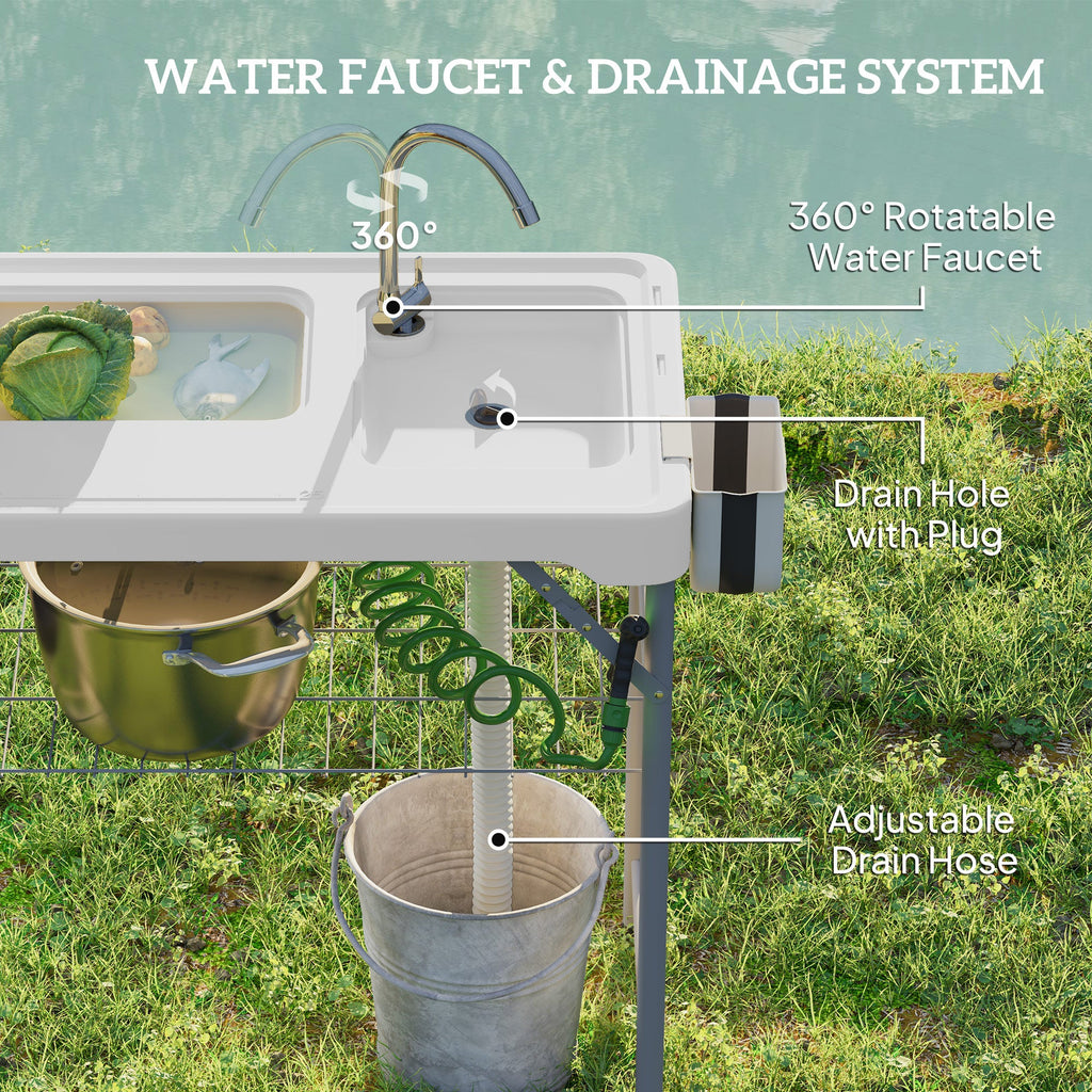 Folding Fish Cleaning Table with Sinks, Camping Sink with Faucet Drainage Hose Sprayer Shelf, Grey
