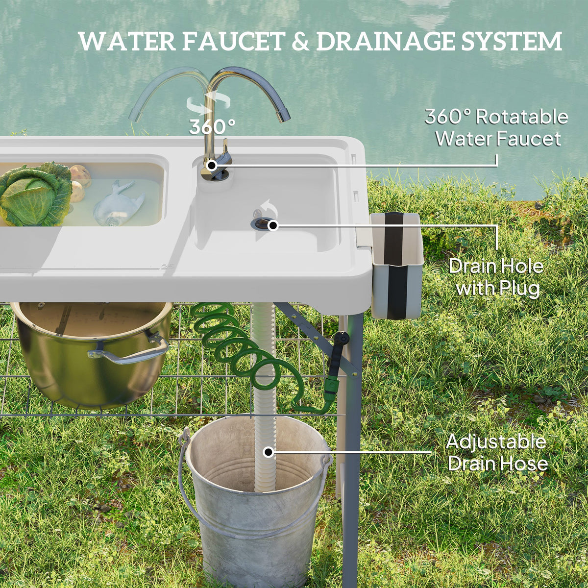 Folding Fish Cleaning Table with Sinks, Camping Sink with Faucet Drainage Hose Sprayer Shelf, Grey