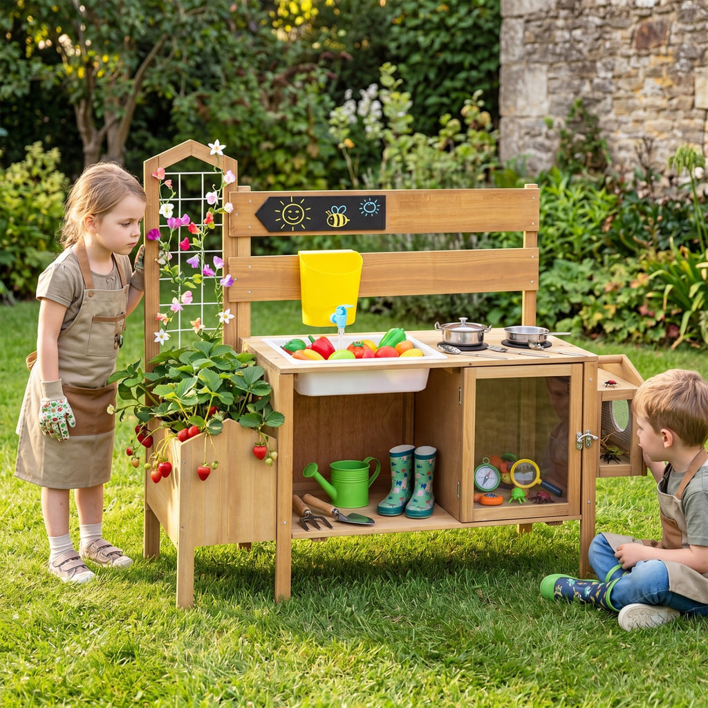 Mud Kitchen for Kids with Detachable Bird Cage and Stoves-Natural