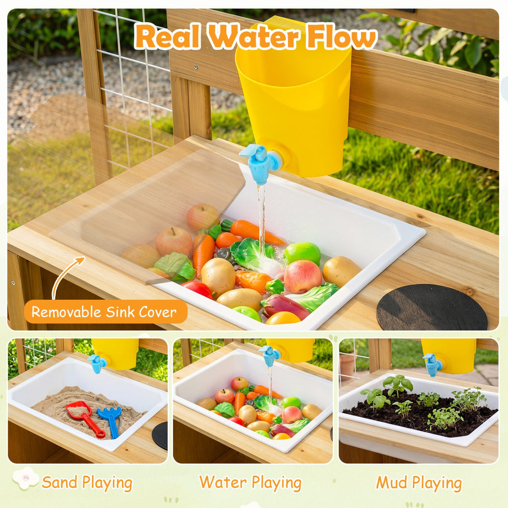 Mud Kitchen for Kids with Detachable Bird Cage and Stoves-Natural