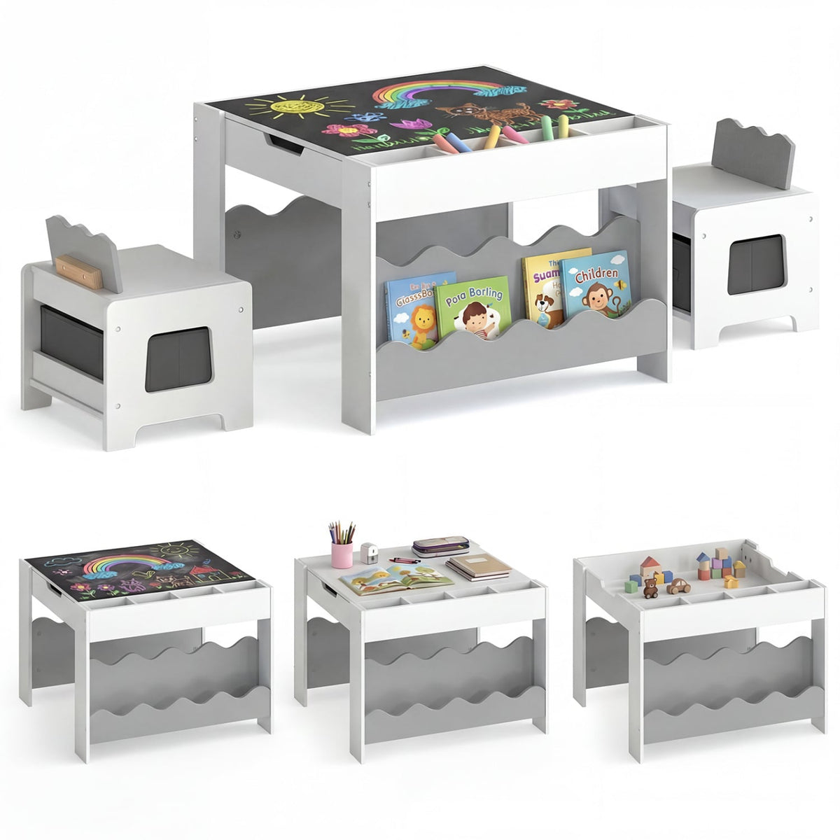 Multi-purpose Activity Kids Table and Chairs Set with Double-sided Tabletop-Gray