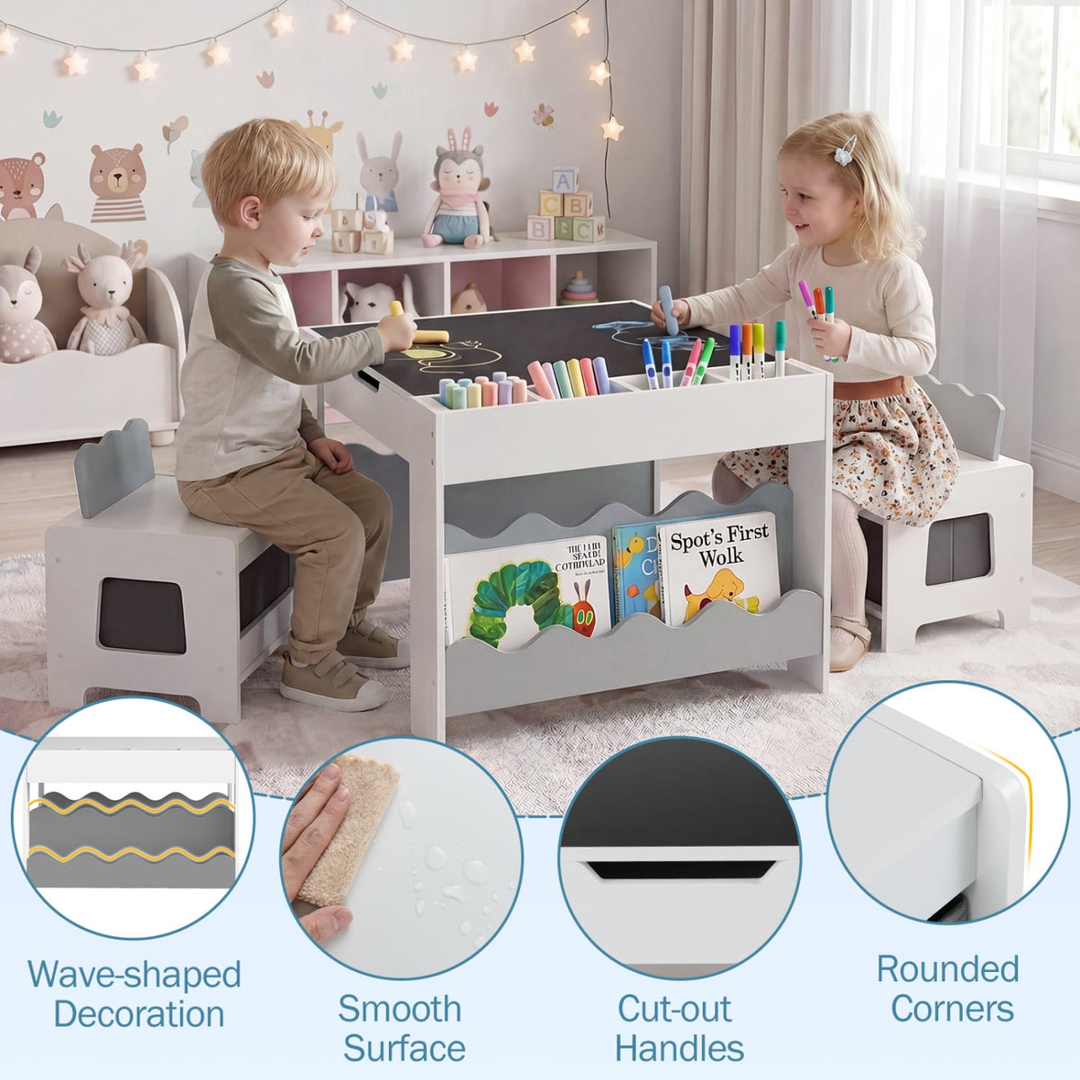 Multi-purpose Activity Kids Table and Chairs Set with Double-sided Tabletop-Gray